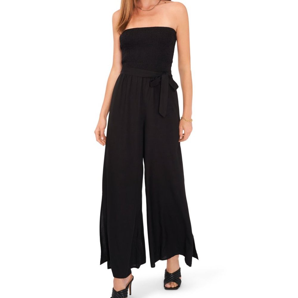 NWT Vince Camuto Black Strapless Smocked Slit-Leg Strapless Jumpsuit  - M